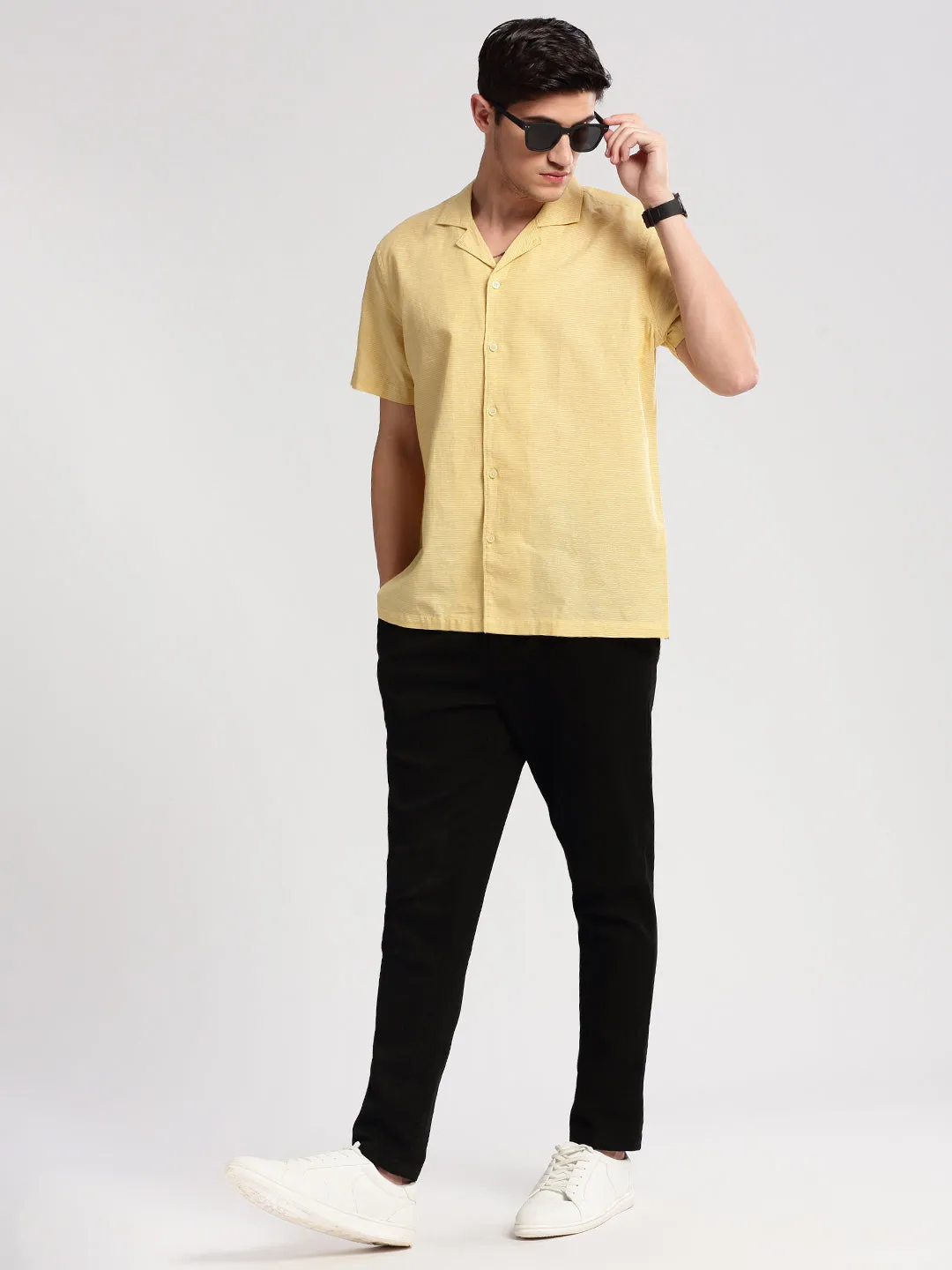 Men Cuban Collar Horizontal Stripes Yellow Casual Shirt