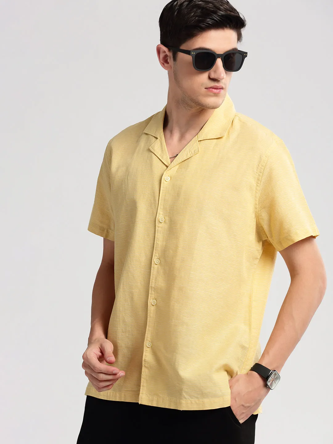 Men Cuban Collar Horizontal Stripes Yellow Casual Shirt