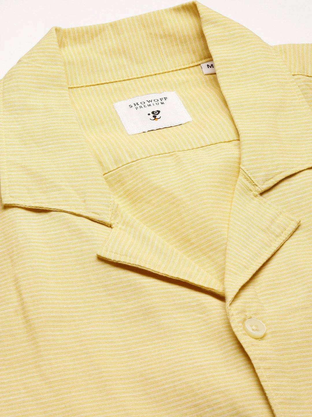 Men Cuban Collar Horizontal Stripes Yellow Casual Shirt