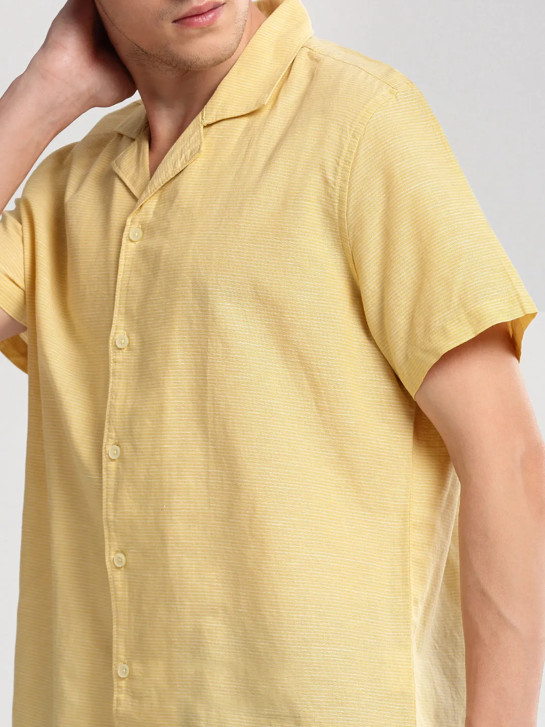 Men Cuban Collar Horizontal Stripes Yellow Casual Shirt