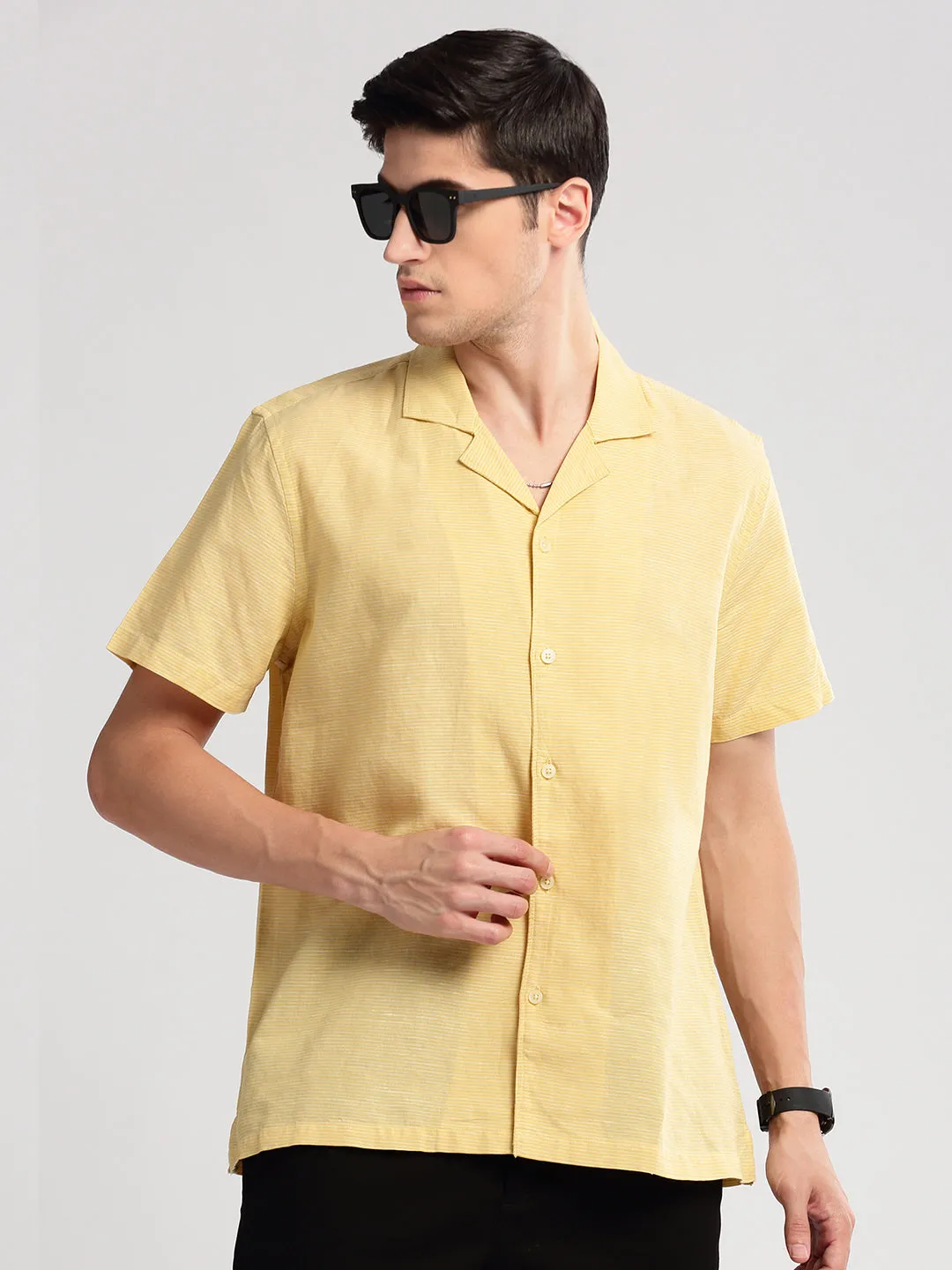 Men Cuban Collar Horizontal Stripes Yellow Casual Shirt