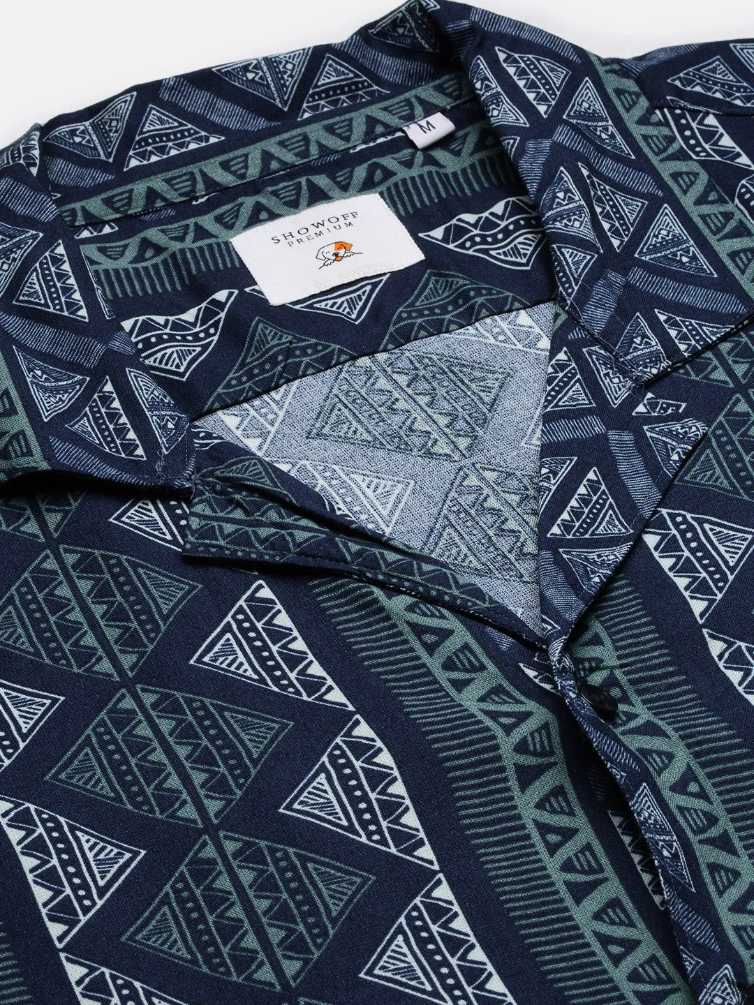 Men Geometric Print Cuban Collar Navy Blue Co-Ords Set