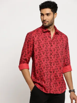 Men Red Spread Collar Floral Shirt