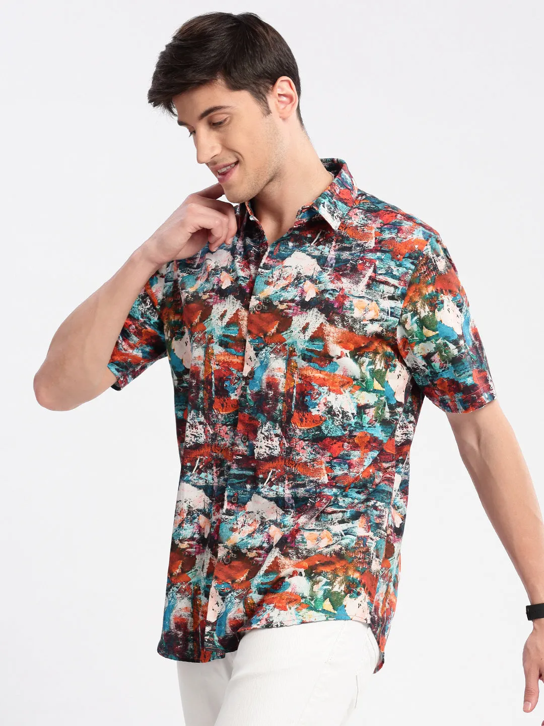 Men Spread Collar Abstract Rust Casual Shirt