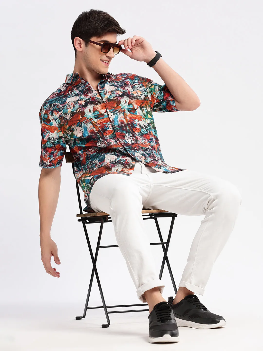 Men Spread Collar Abstract Rust Casual Shirt