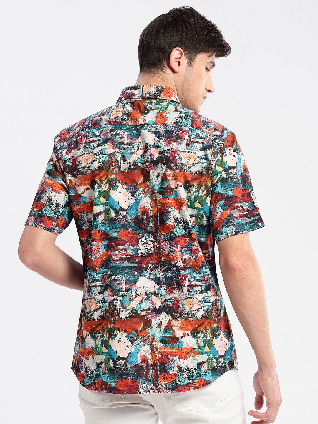 Men Spread Collar Abstract Rust Casual Shirt