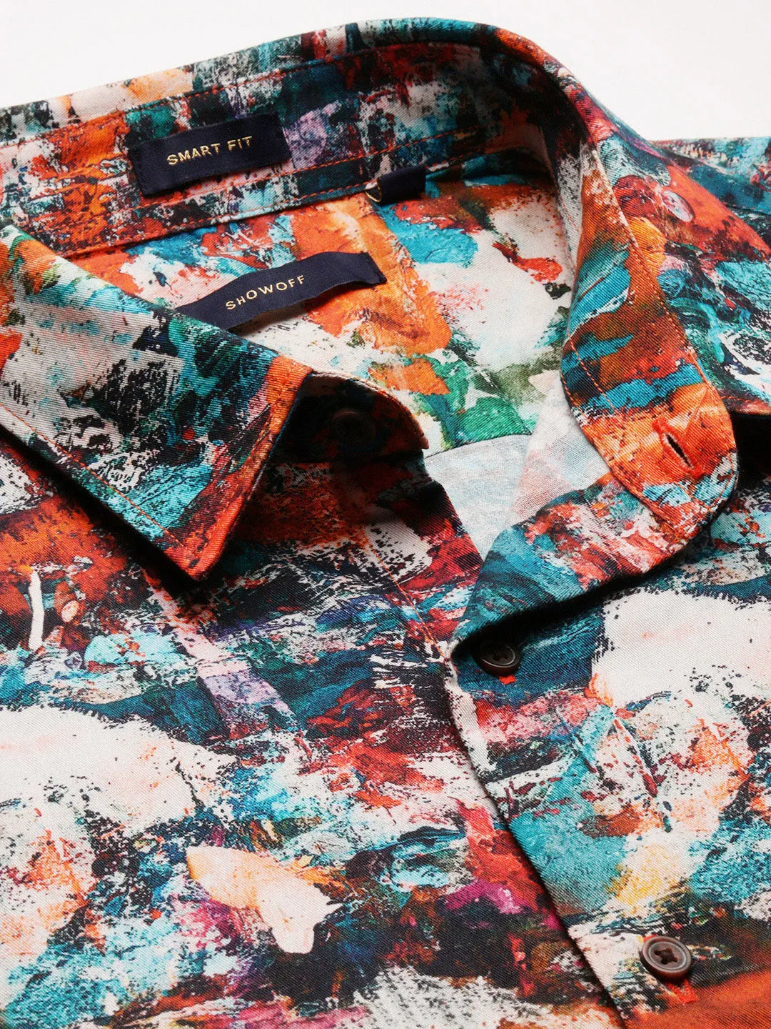 Men Spread Collar Abstract Rust Casual Shirt