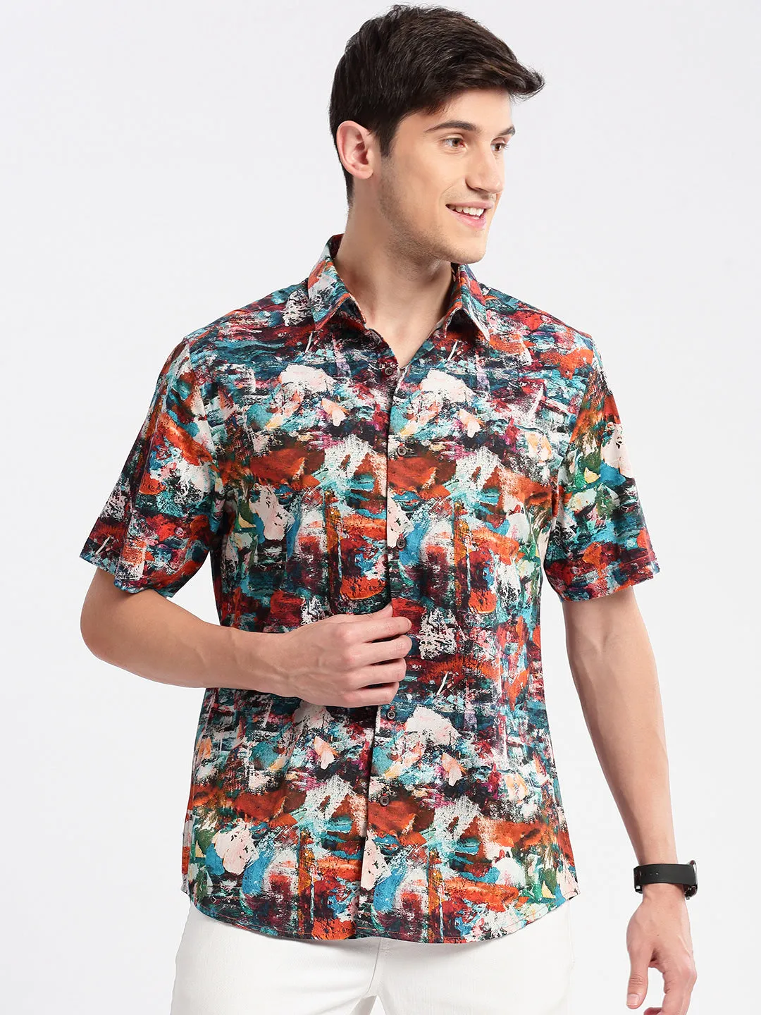 Men Spread Collar Abstract Rust Casual Shirt