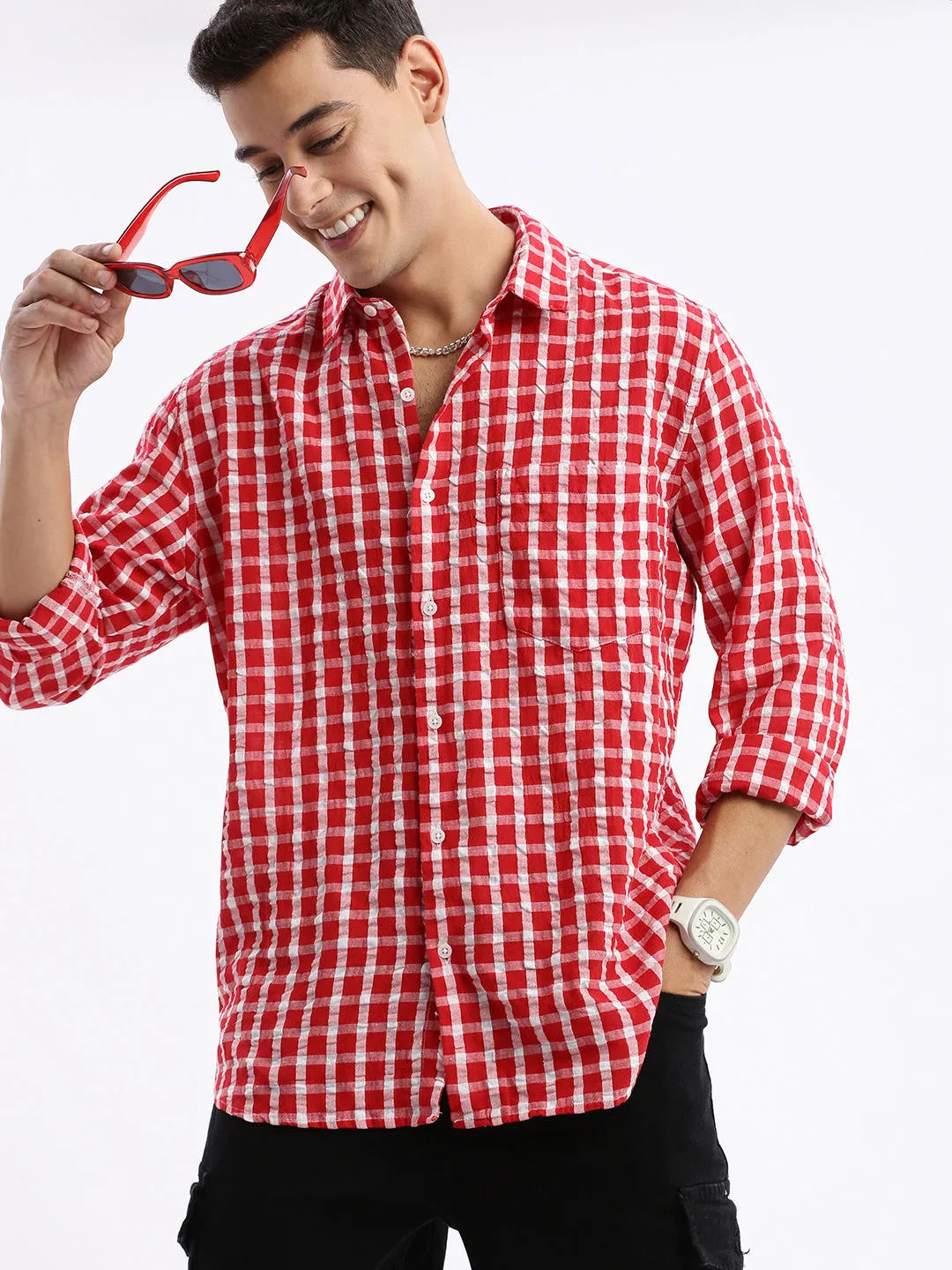 Men Spread Collar Checked Slim Fit Red Shirt