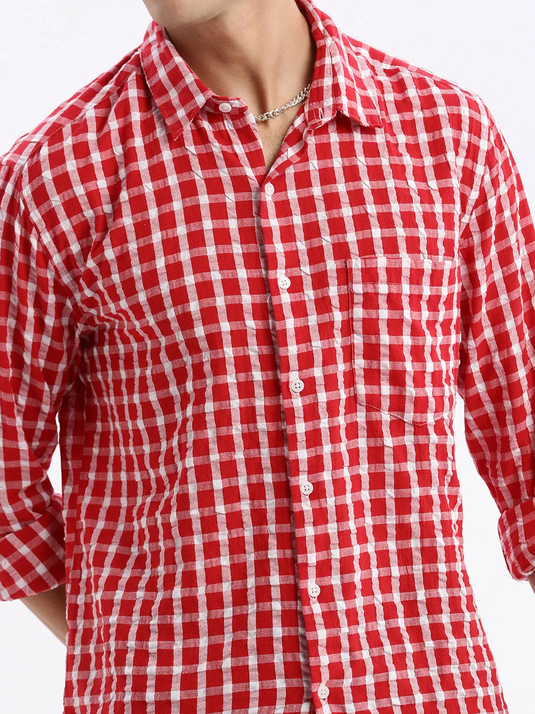 Men Spread Collar Checked Slim Fit Red Shirt