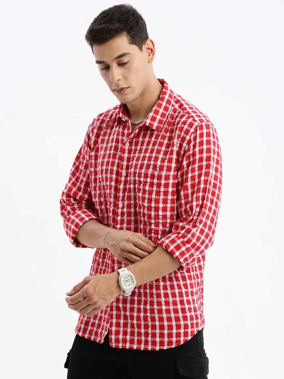 Men Spread Collar Checked Slim Fit Red Shirt