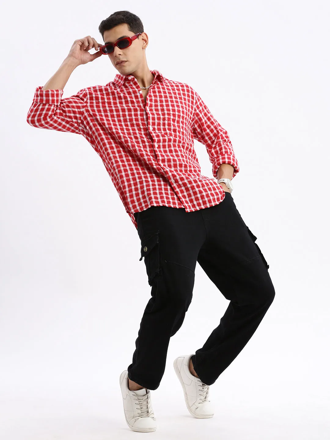 Men Spread Collar Checked Slim Fit Red Shirt