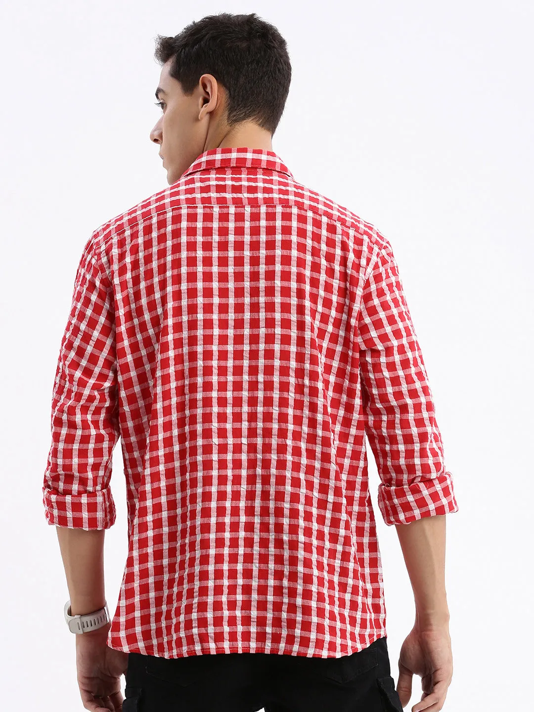 Men Spread Collar Checked Slim Fit Red Shirt