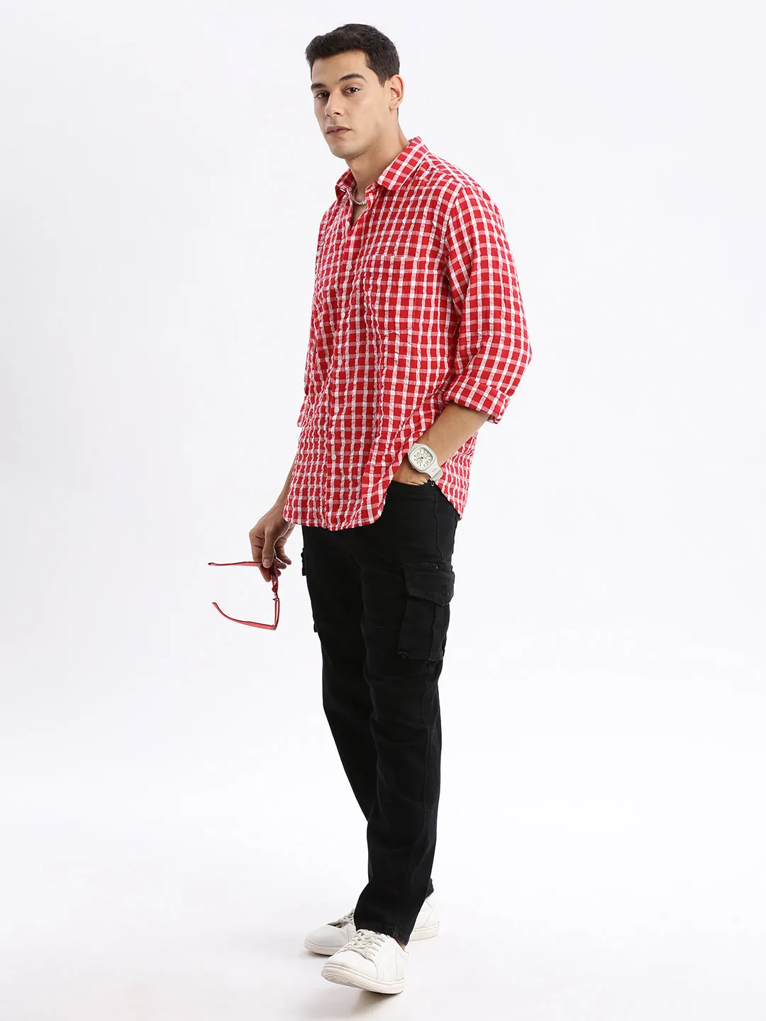 Men Spread Collar Checked Slim Fit Red Shirt