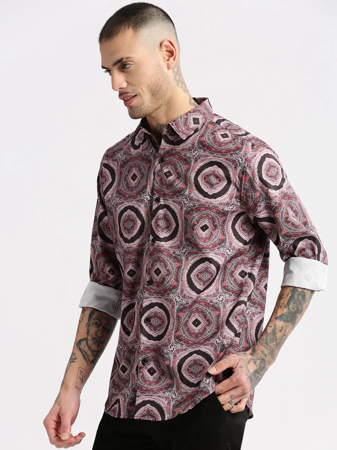 Men Spread Collar  Geometric Black Casual Shirt