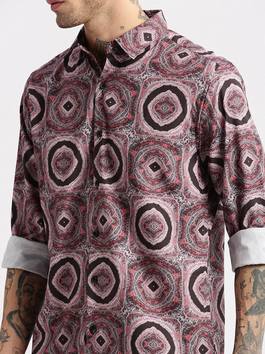 Men Spread Collar  Geometric Black Casual Shirt