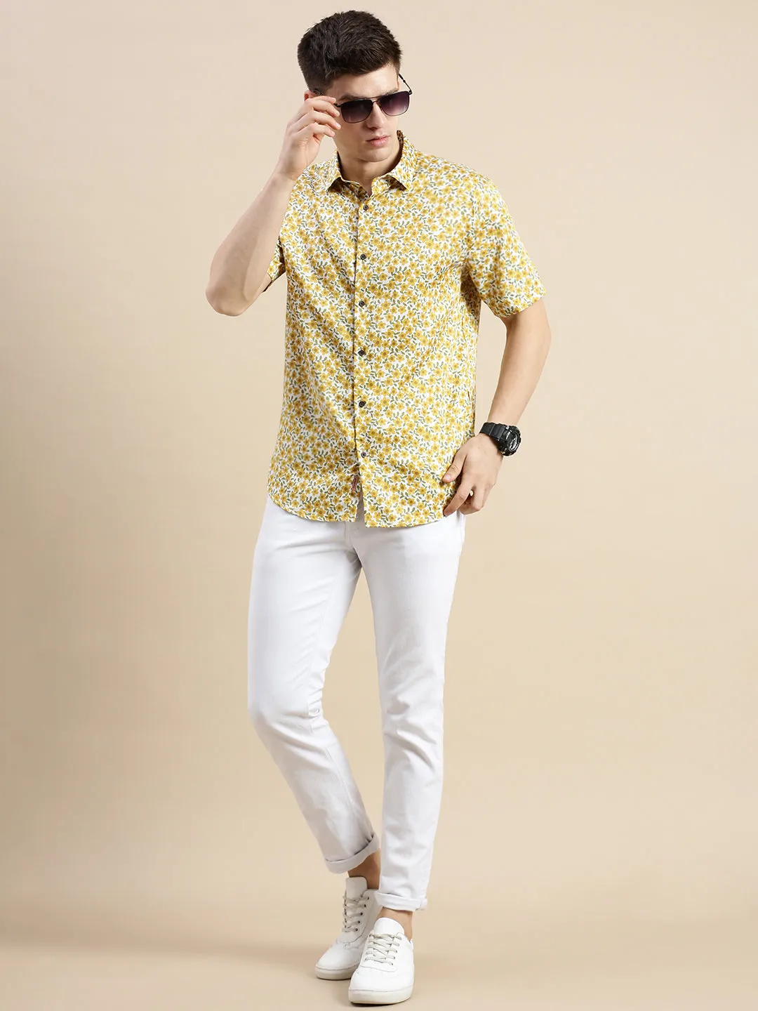 Men White Floral Casual Shirt