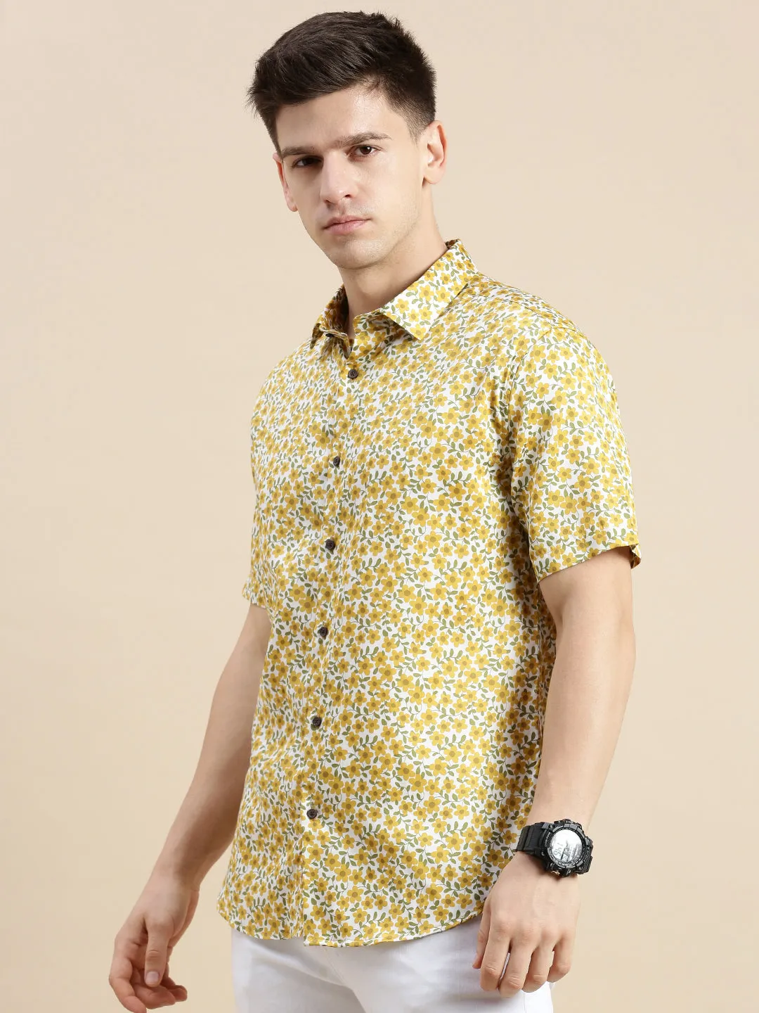 Men White Floral Casual Shirt