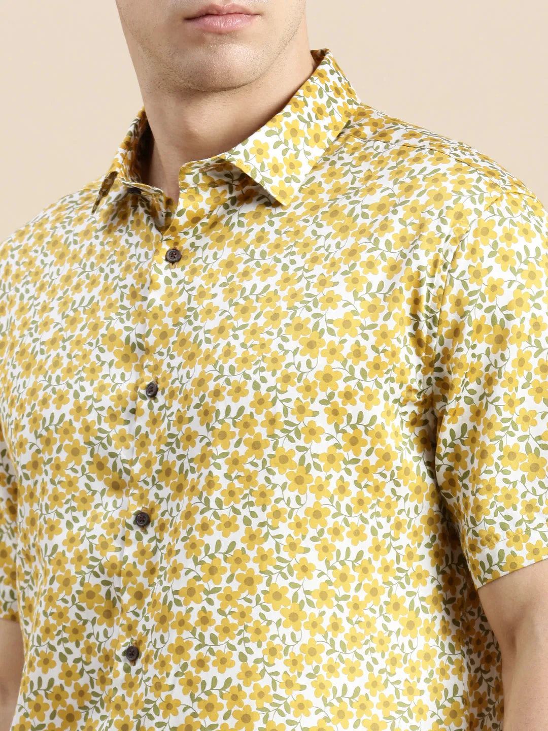 Men White Floral Casual Shirt