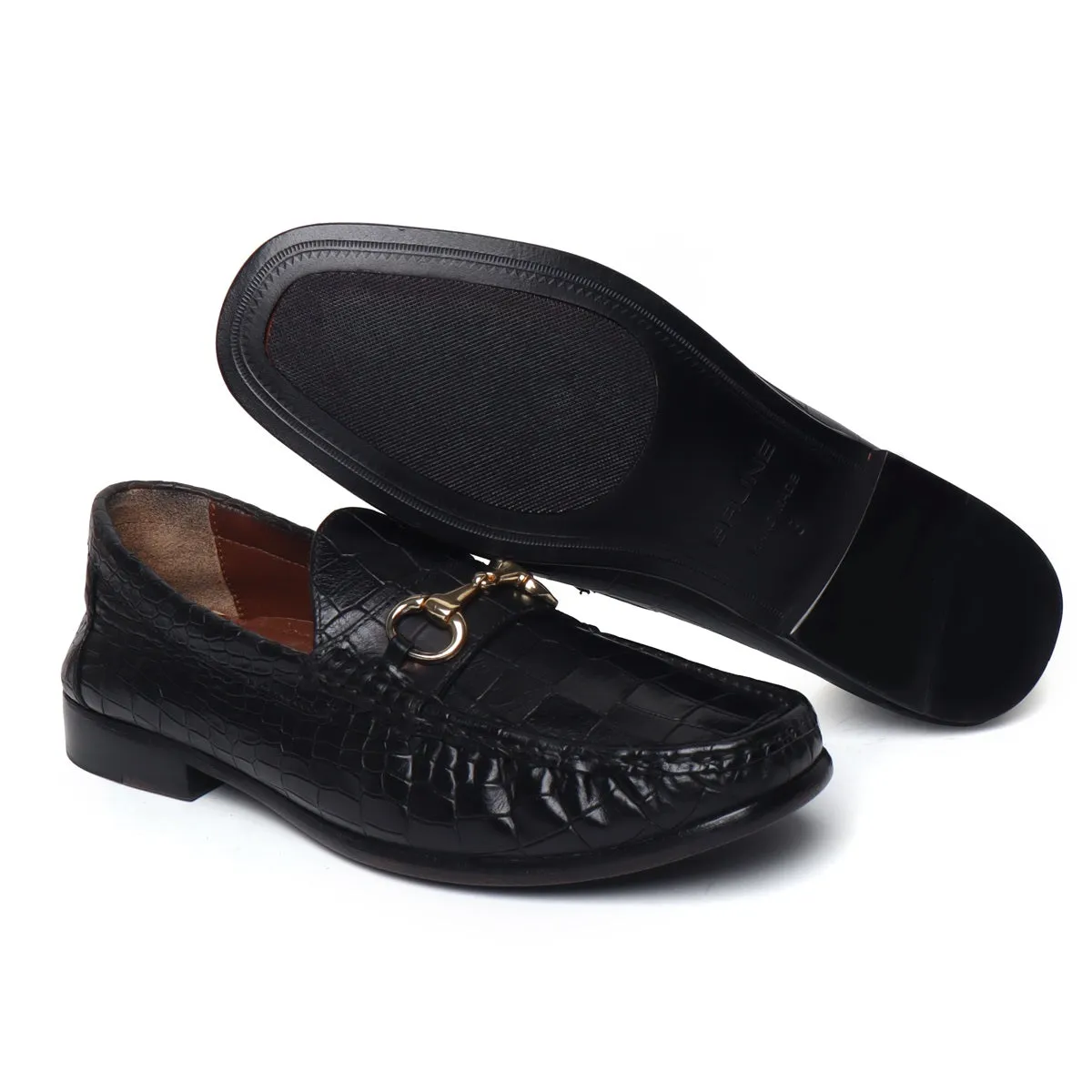 Men's Black Loafer in Croco Textured with Horse-bit Buckle