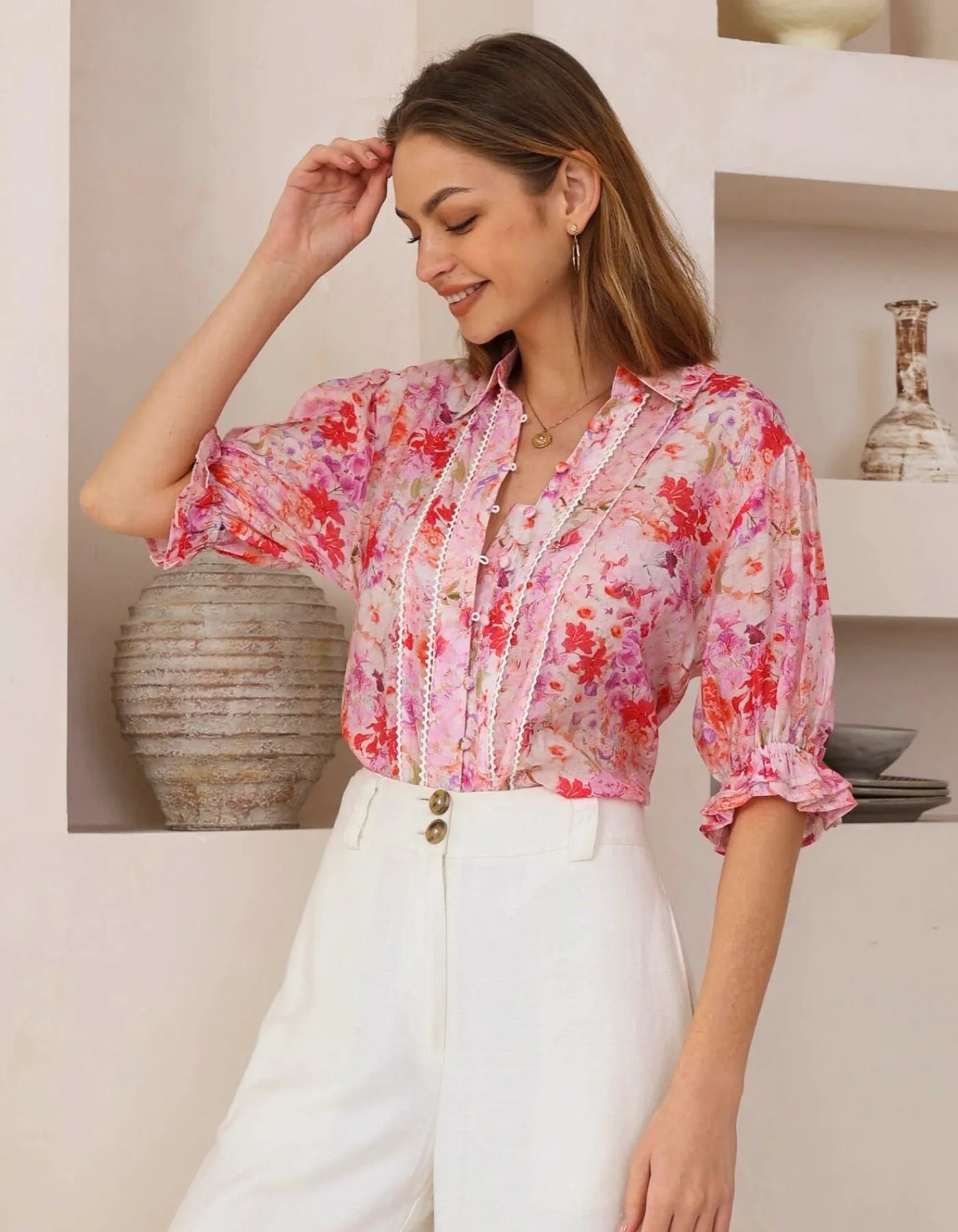 Orlyn Short Sleeve Button Front Blouse in Pink Floral