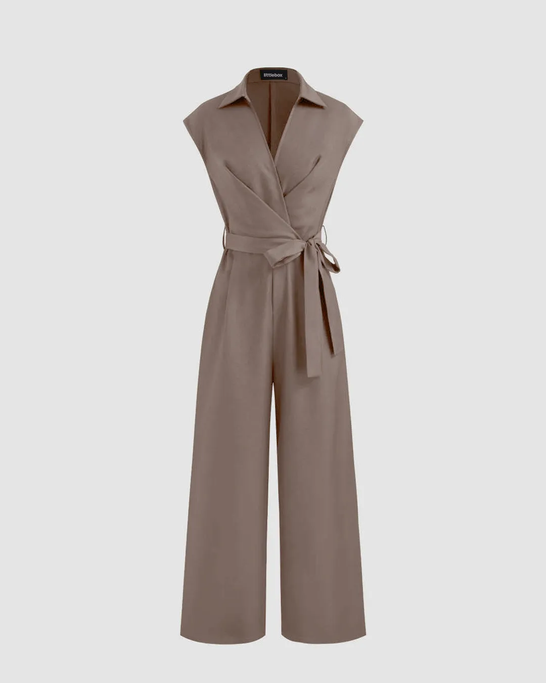 Plain Collar Jumpsuit With Pockets And Belt In Brown