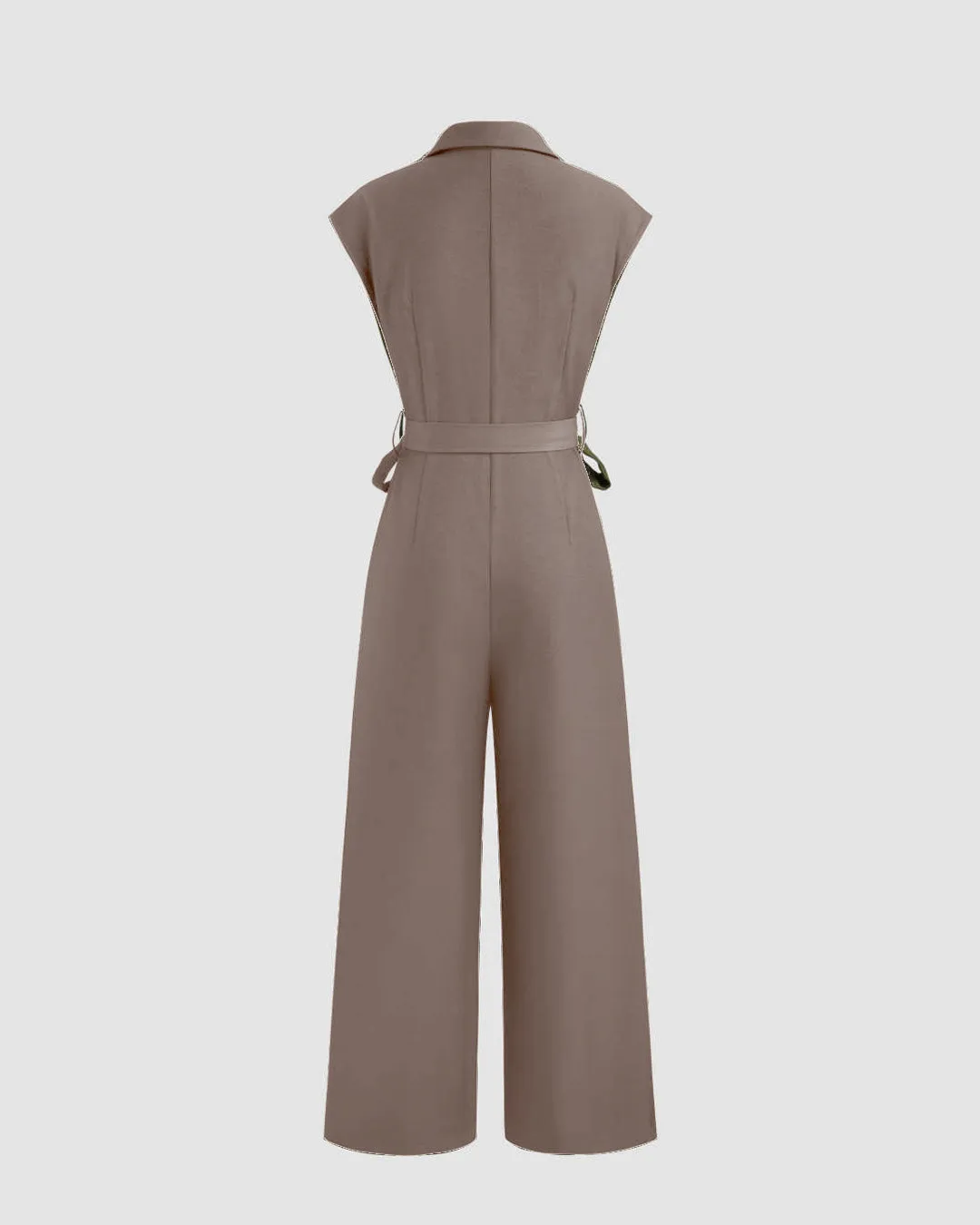 Plain Collar Jumpsuit With Pockets And Belt In Brown