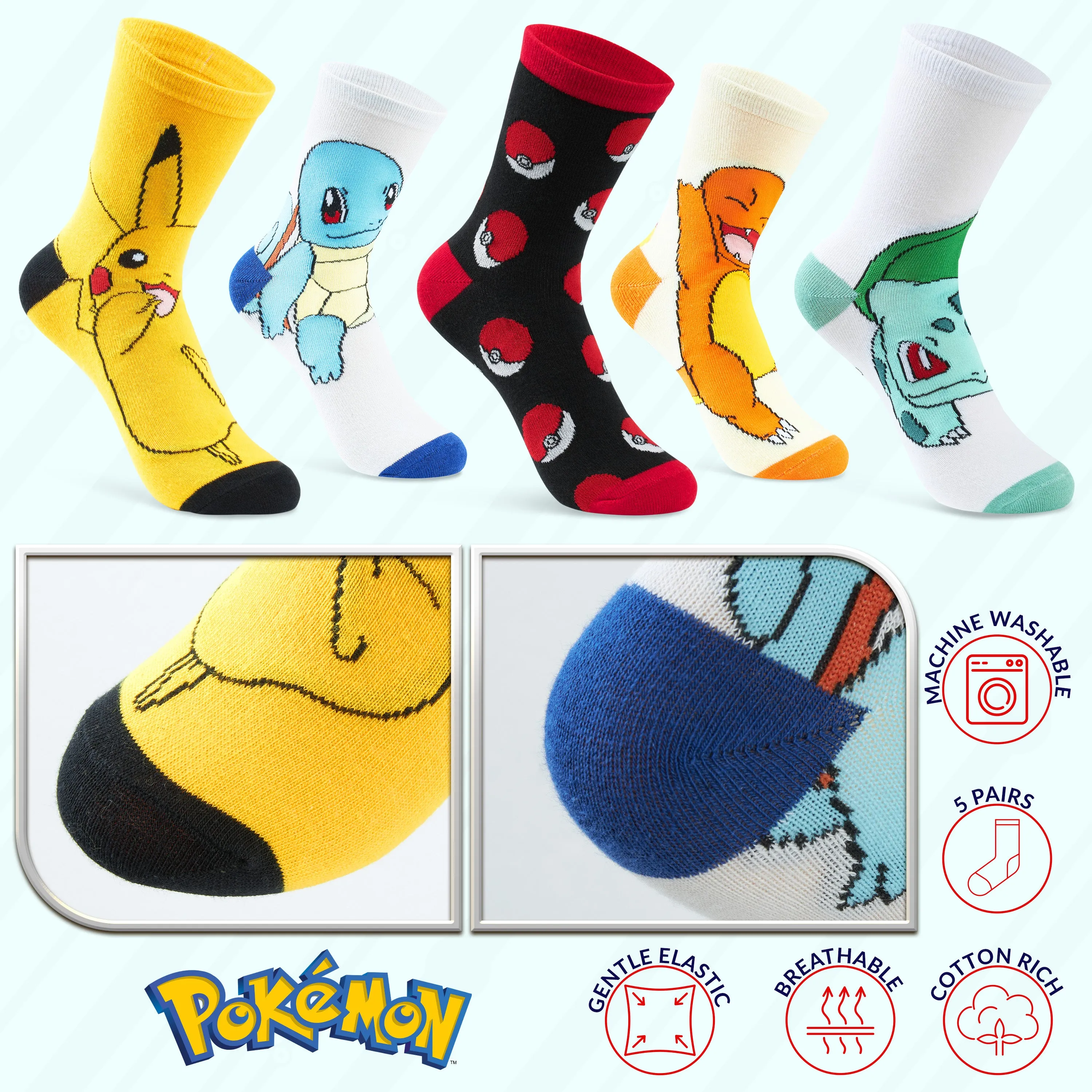 Pokemon Boys Socks 5 Pack Pikachu Ankle Socks, Kids Socks 5 Pack