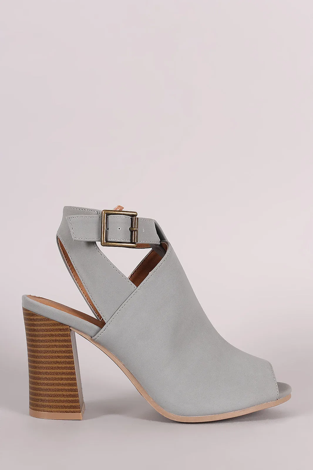 Qupid Nubuck Buckled Peep Toe Chunky Heeled Mule Booties