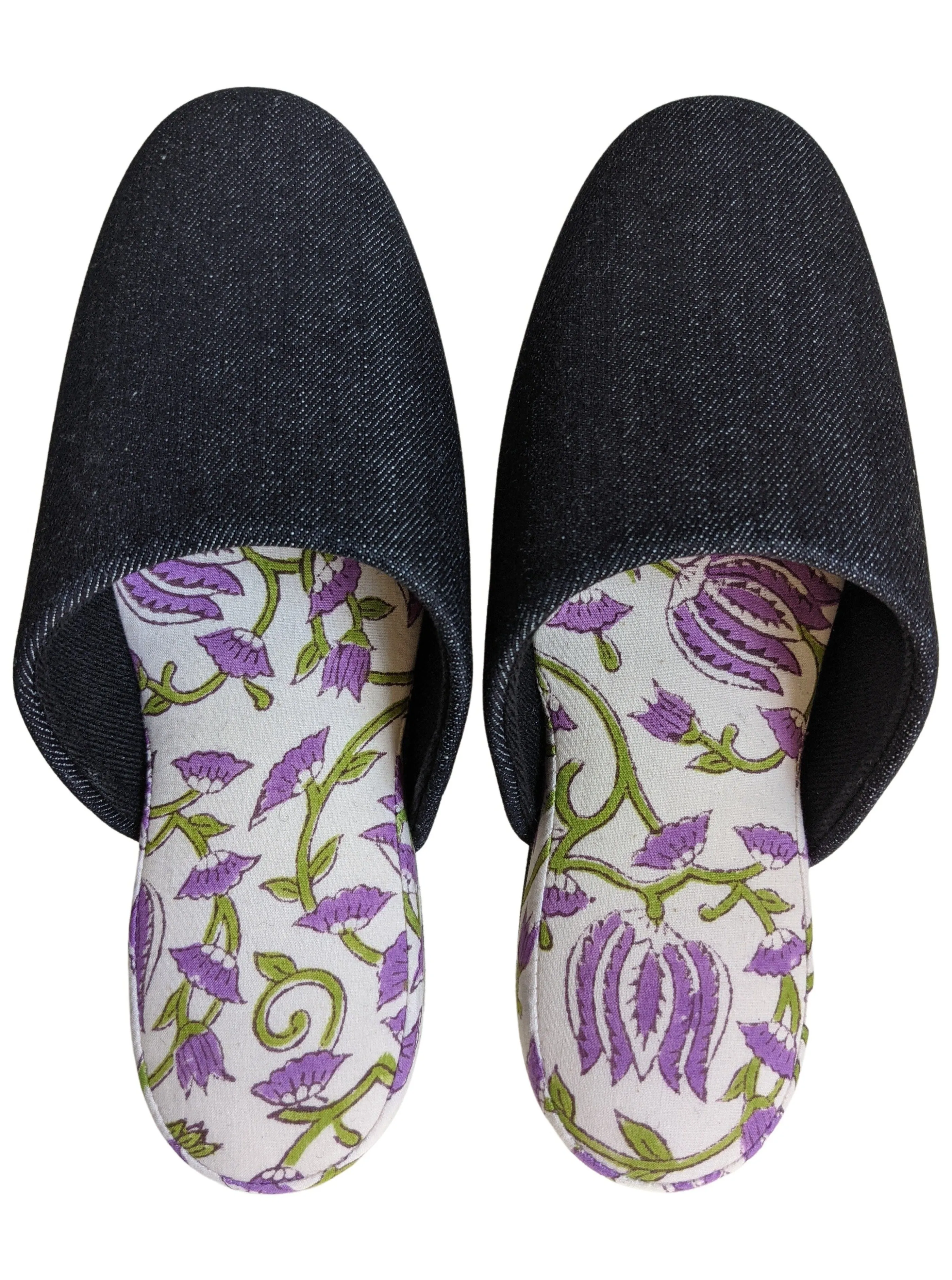 [SALE] Large | Denim and Flowers Mix Slippers #055  [Black wool felt sole]