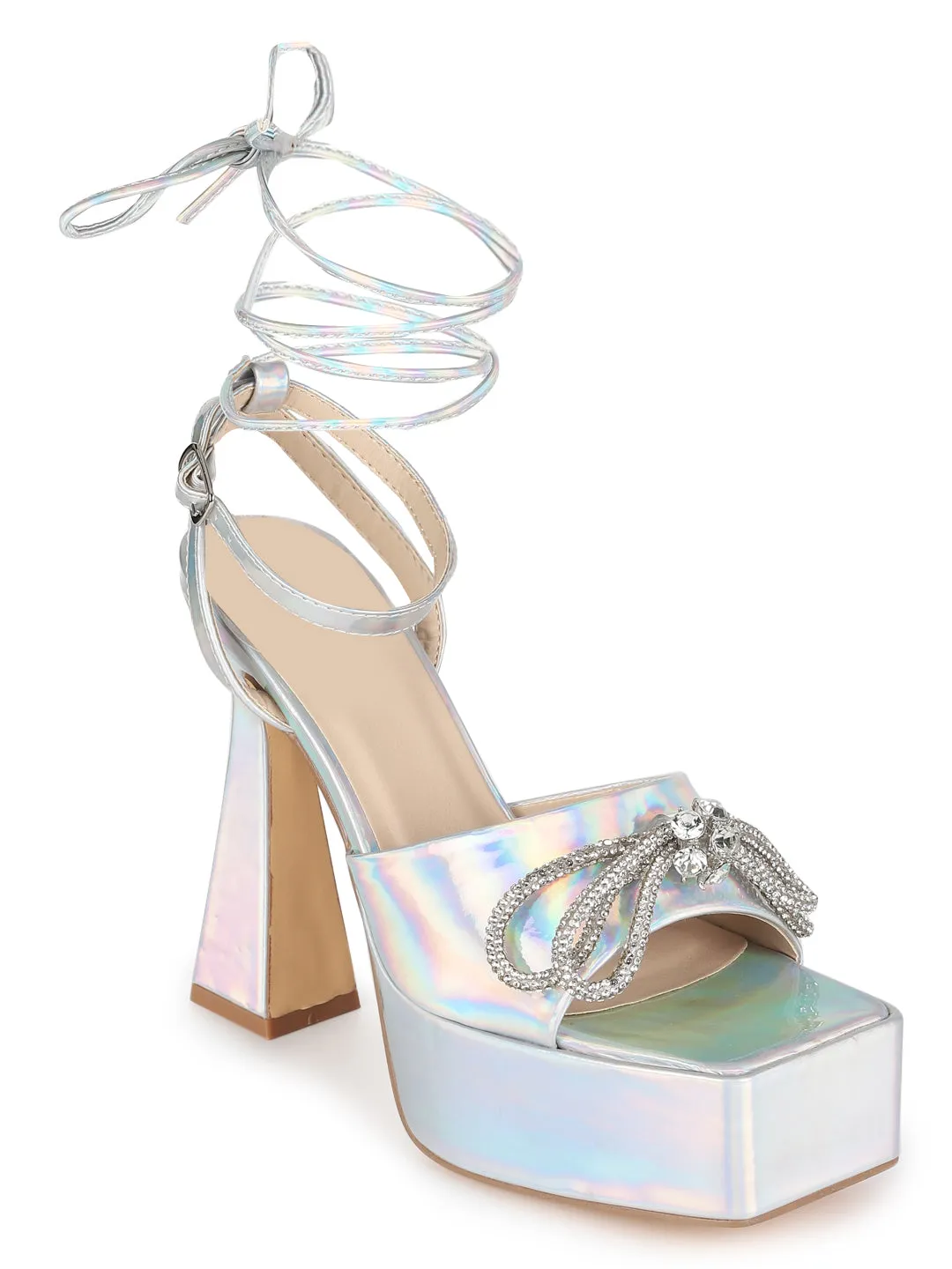 Silver Patent Lace-Up Block Sandals (TC-TB6-SIL)