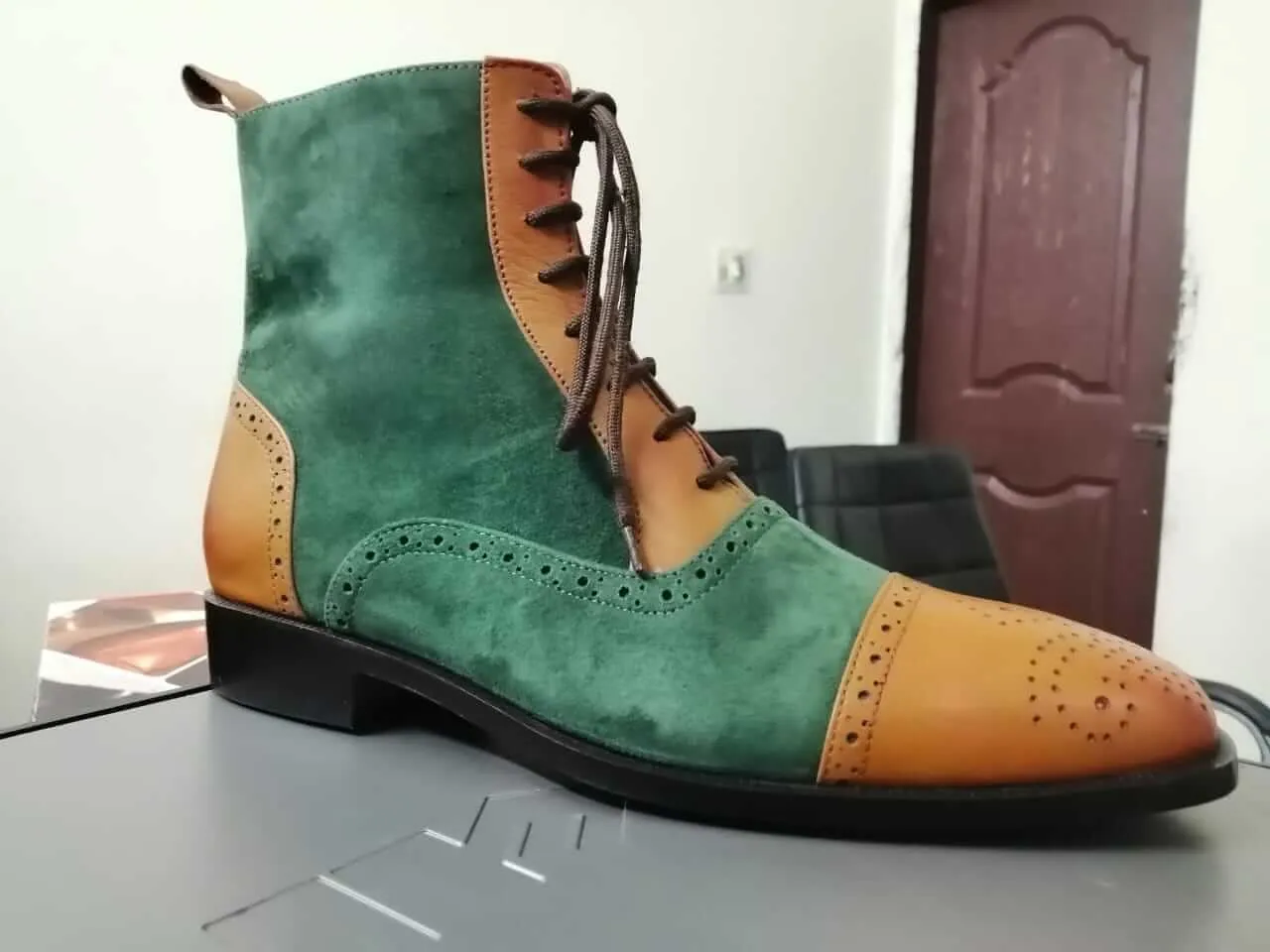 Stylish Handmade Tan & Green Color Leather & Suede Ankle High Party Wear Men Lace Up Boots