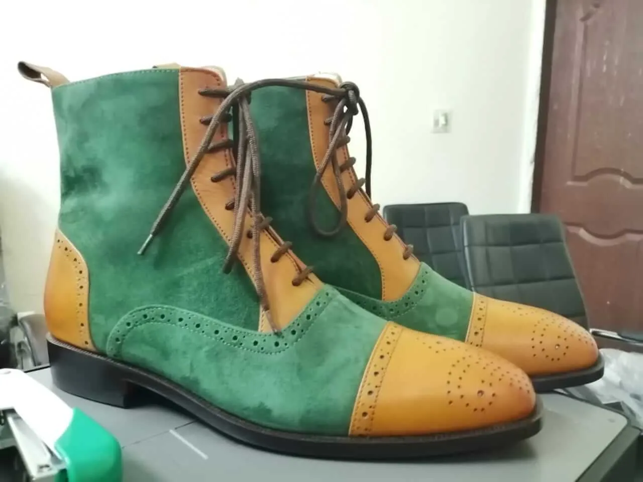 Stylish Handmade Tan & Green Color Leather & Suede Ankle High Party Wear Men Lace Up Boots