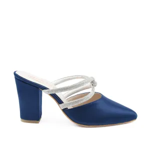 Stylish Navy Blue Strappy Block Heel Mules | 400M-Q