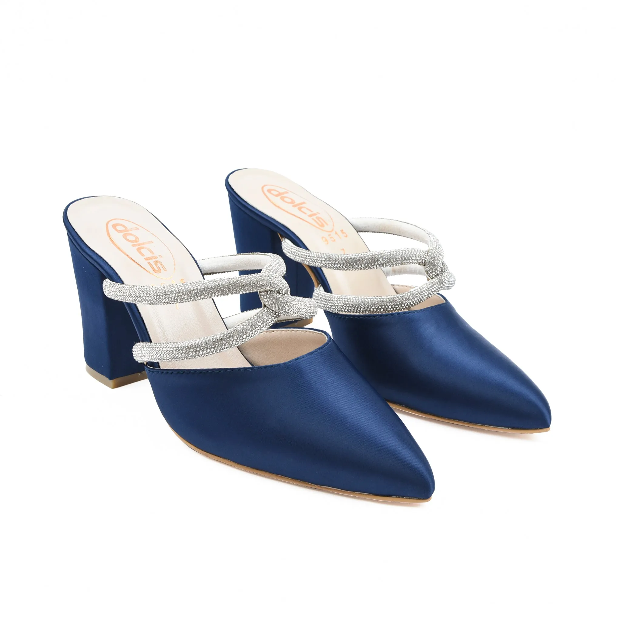 Stylish Navy Blue Strappy Block Heel Mules | 400M-Q