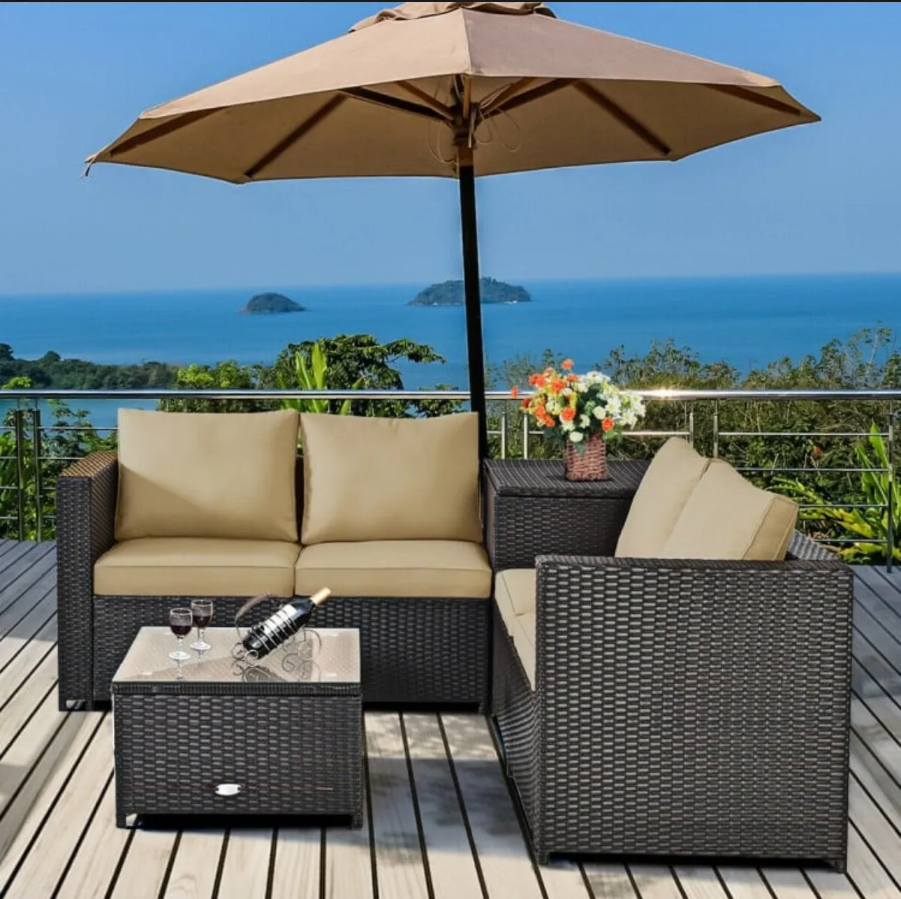 Super Relaxing 4 Piece Outdoor Patio Rattan Furniture Set With Love-seat | Storage Box