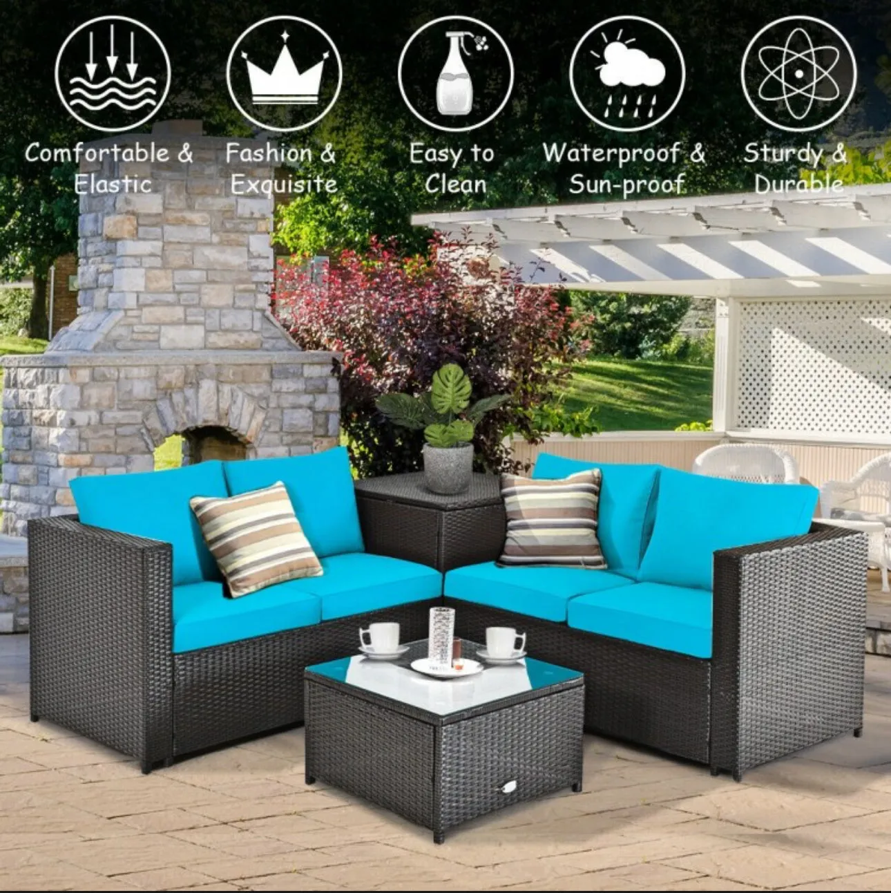 Super Relaxing 4 Piece Outdoor Patio Rattan Furniture Set With Love-seat | Storage Box