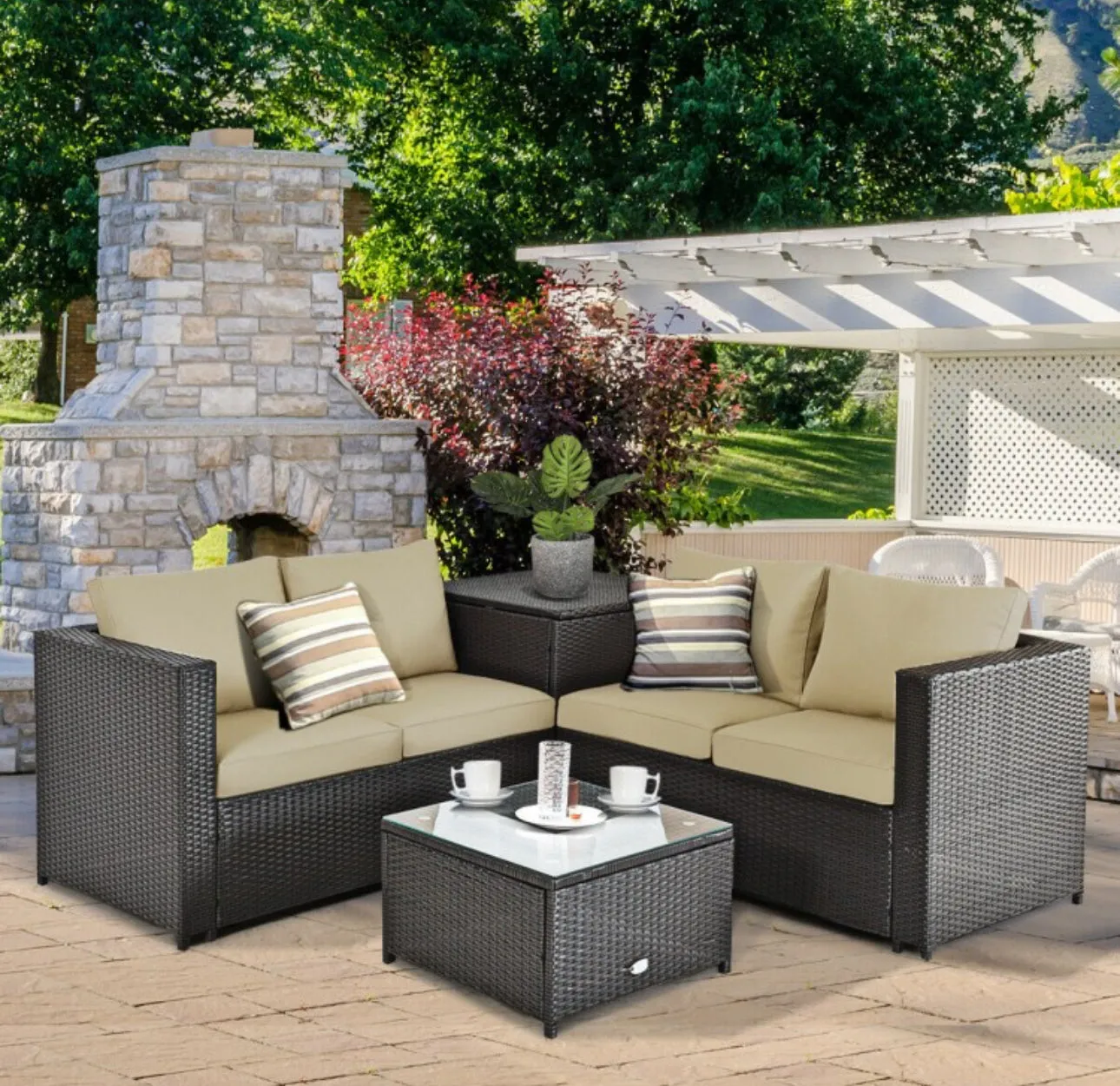 Super Relaxing 4 Piece Outdoor Patio Rattan Furniture Set With Love-seat | Storage Box