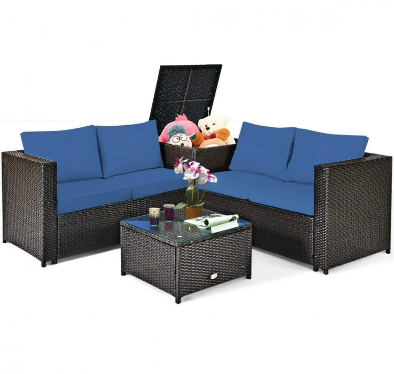 Super Relaxing 4 Piece Outdoor Patio Rattan Furniture Set With Love-seat | Storage Box