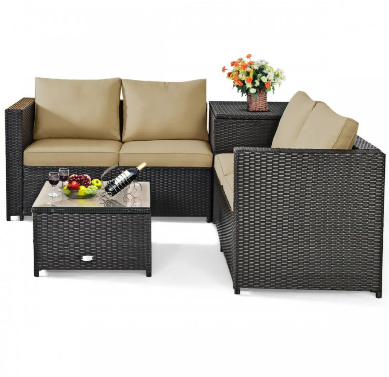 Super Relaxing 4 Piece Outdoor Patio Rattan Furniture Set With Love-seat | Storage Box