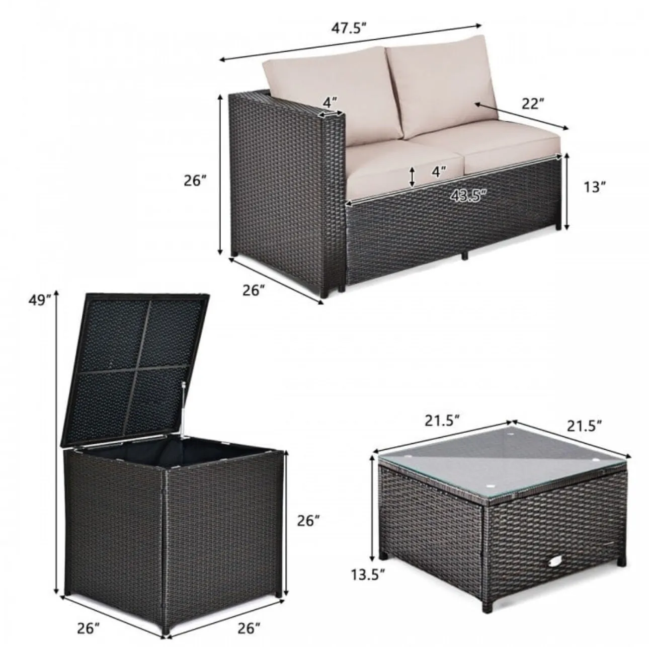 Super Relaxing 4 Piece Outdoor Patio Rattan Furniture Set With Love-seat | Storage Box