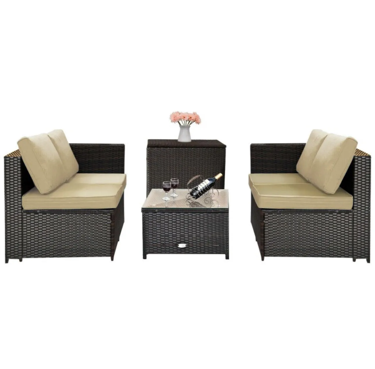 Super Relaxing 4 Piece Outdoor Patio Rattan Furniture Set With Love-seat | Storage Box