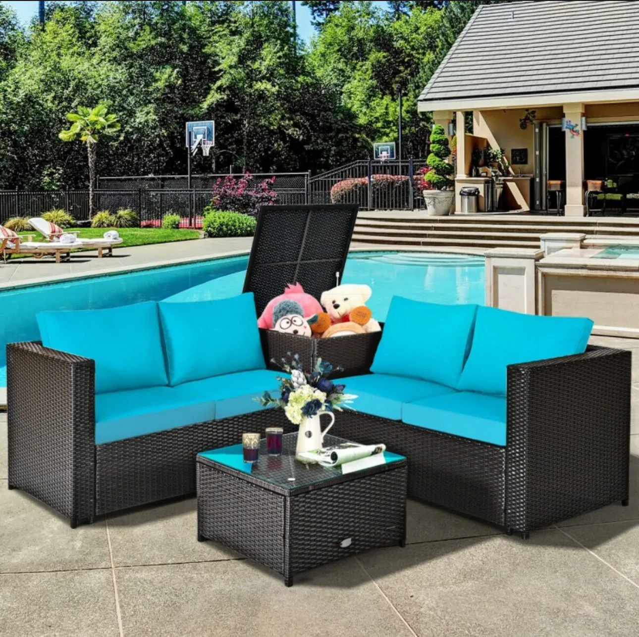 Super Relaxing 4 Piece Outdoor Patio Rattan Furniture Set With Love-seat | Storage Box