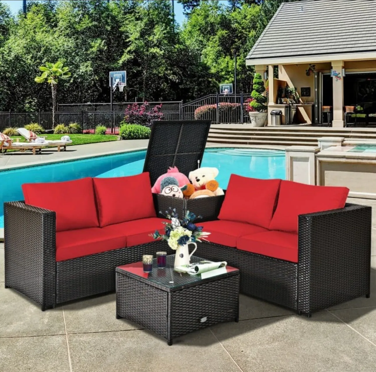 Super Relaxing 4 Piece Outdoor Patio Rattan Furniture Set With Love-seat | Storage Box