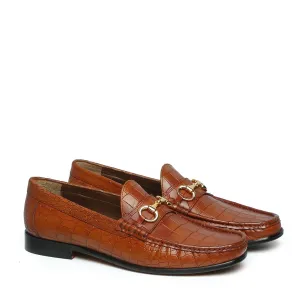 Tan Croco Texture Leather Loafers with Horse-Bit Buckle