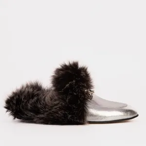 The Izmir Silver Leather Natural Fur Women Slipper