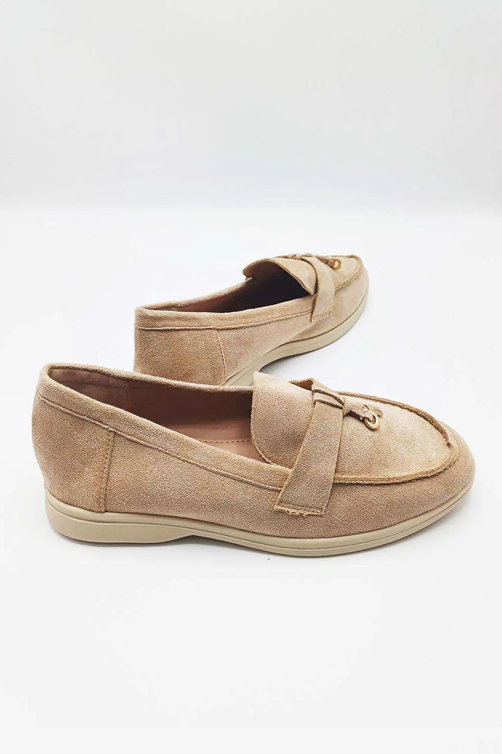 Tonya Charm Detail Slip-On Faux Suede Loafers in Mocha