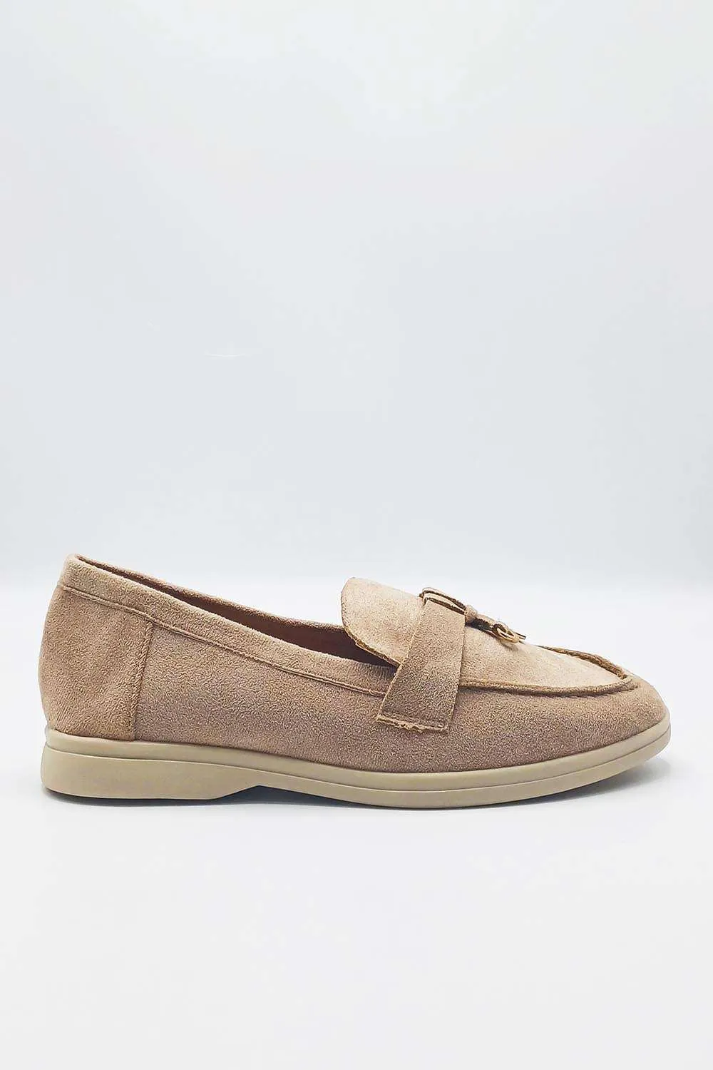 Tonya Charm Detail Slip-On Faux Suede Loafers in Mocha