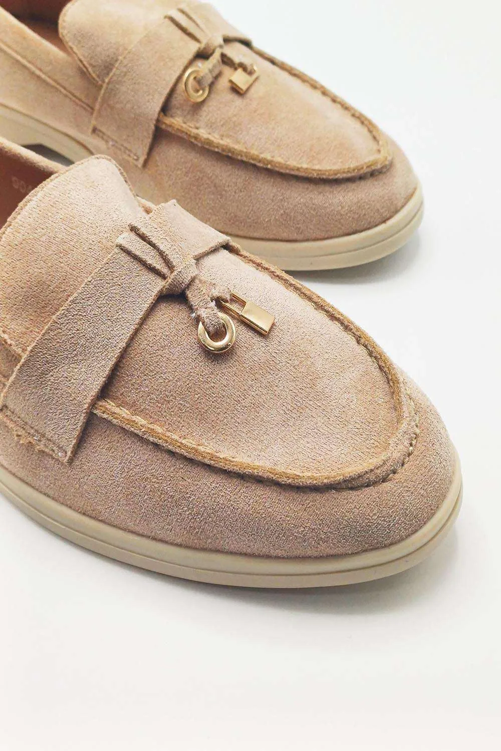 Tonya Charm Detail Slip-On Faux Suede Loafers in Mocha