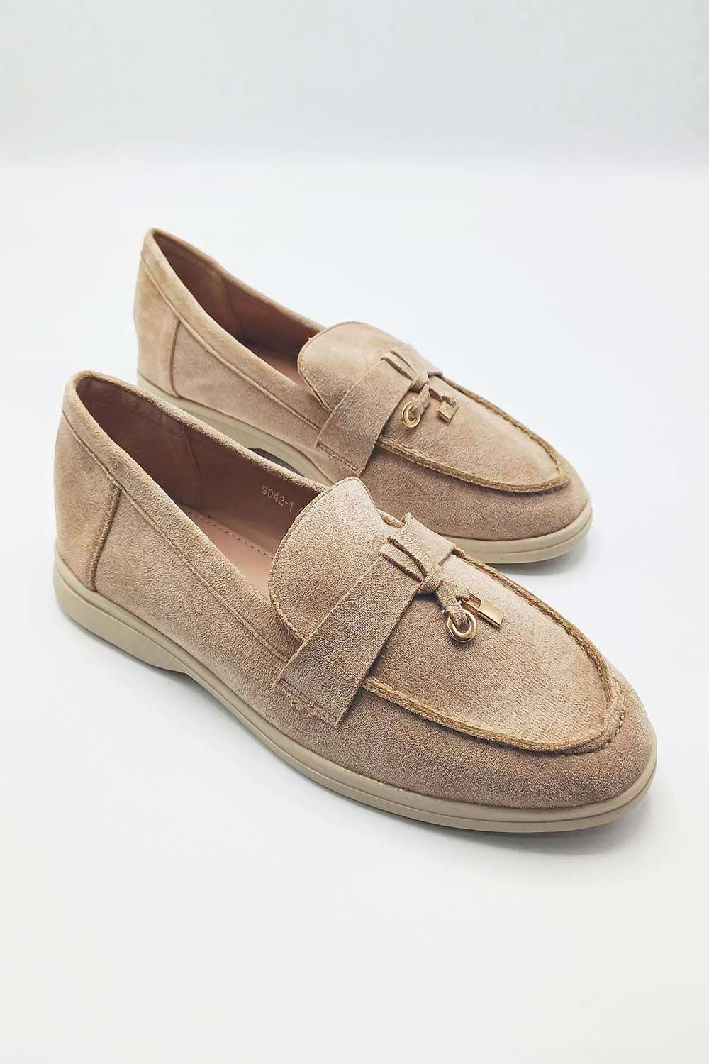 Tonya Charm Detail Slip-On Faux Suede Loafers in Mocha